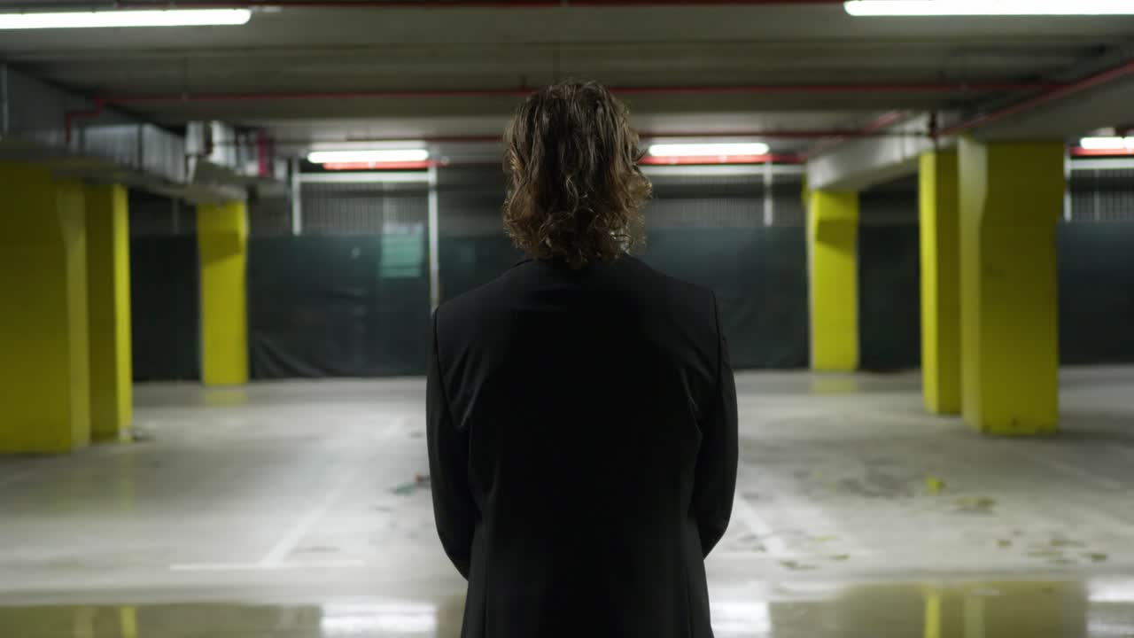 긴 머리를 한 스위트룸에 있는 남자가 등을 앞으로 돌리고 있는 모습을 보여줍니다