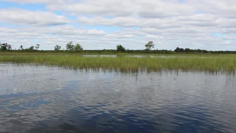 Belleza-Paisajística-De-La-Hierba-En-La-Orilla-Del-Río-Con-Un-Cielo-Nublado-Arriba---Amplio-Tiro-Rodante