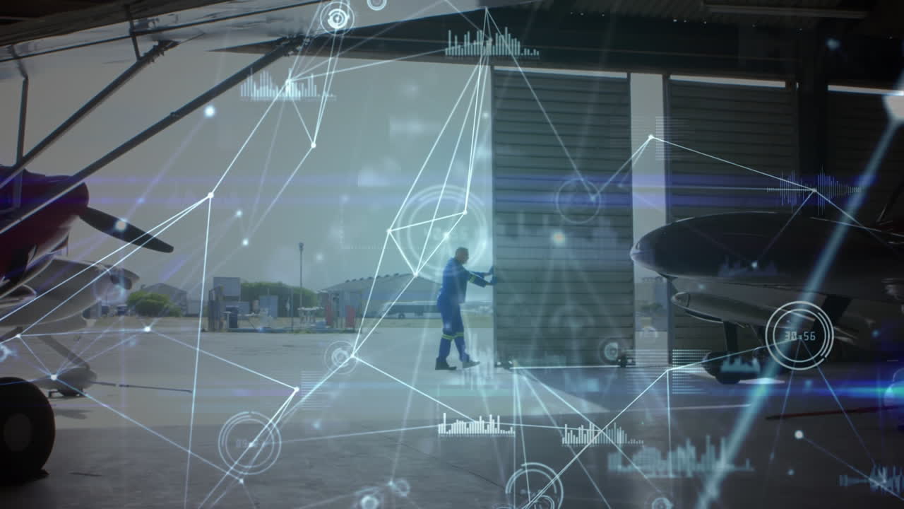 animación del sistema de control de tráfico aéreo con aviones en el fondo