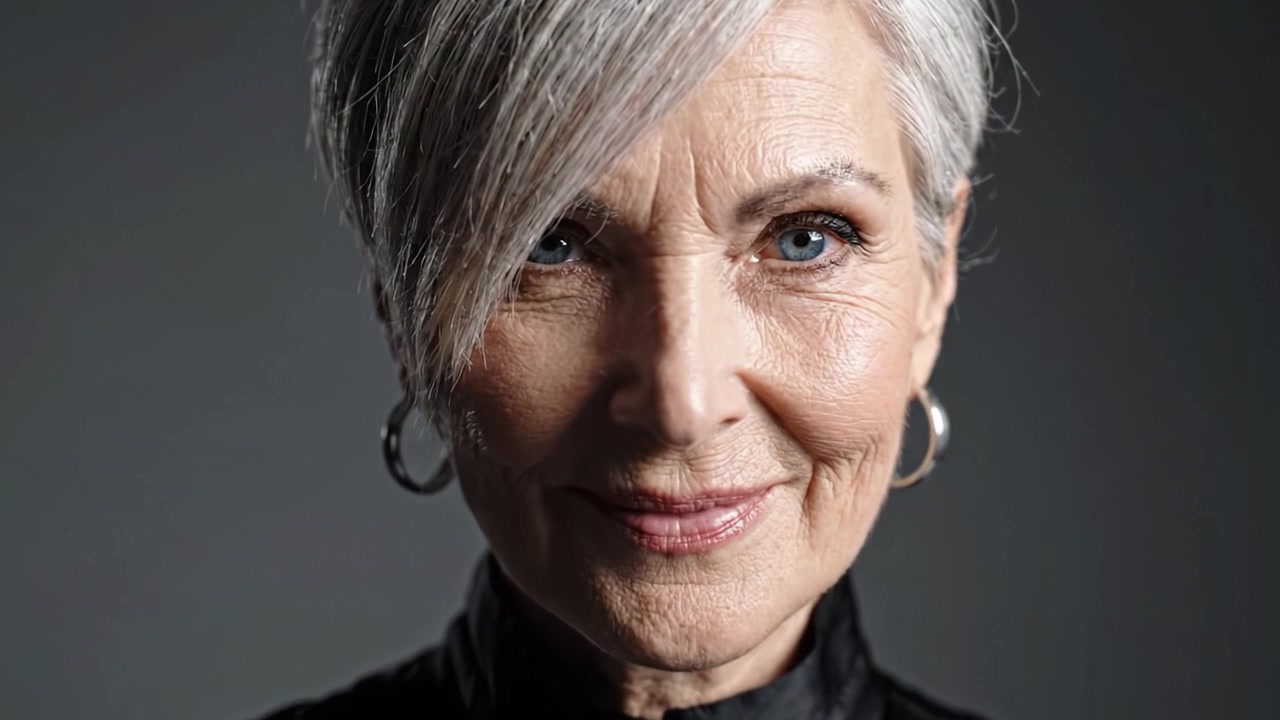 A Captivating Portrait of a Confident Older Woman with Silver Hair and Striking Features, Showcasing Timeless Beauty and Grace in Soft, Neutral Lighting