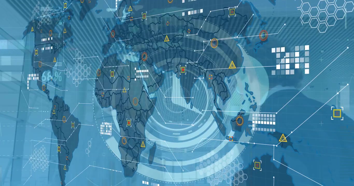 Animation of digital interface and data processing over world map on blue background
