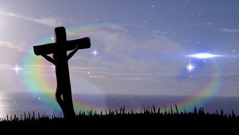 animation of shining lights over crucifix and landscape