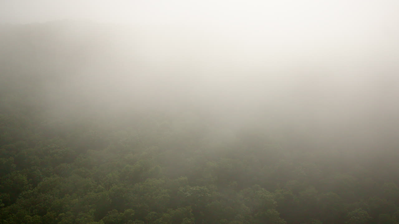 Drone footage gliding into a fog-covered Smoky Mountain landscape