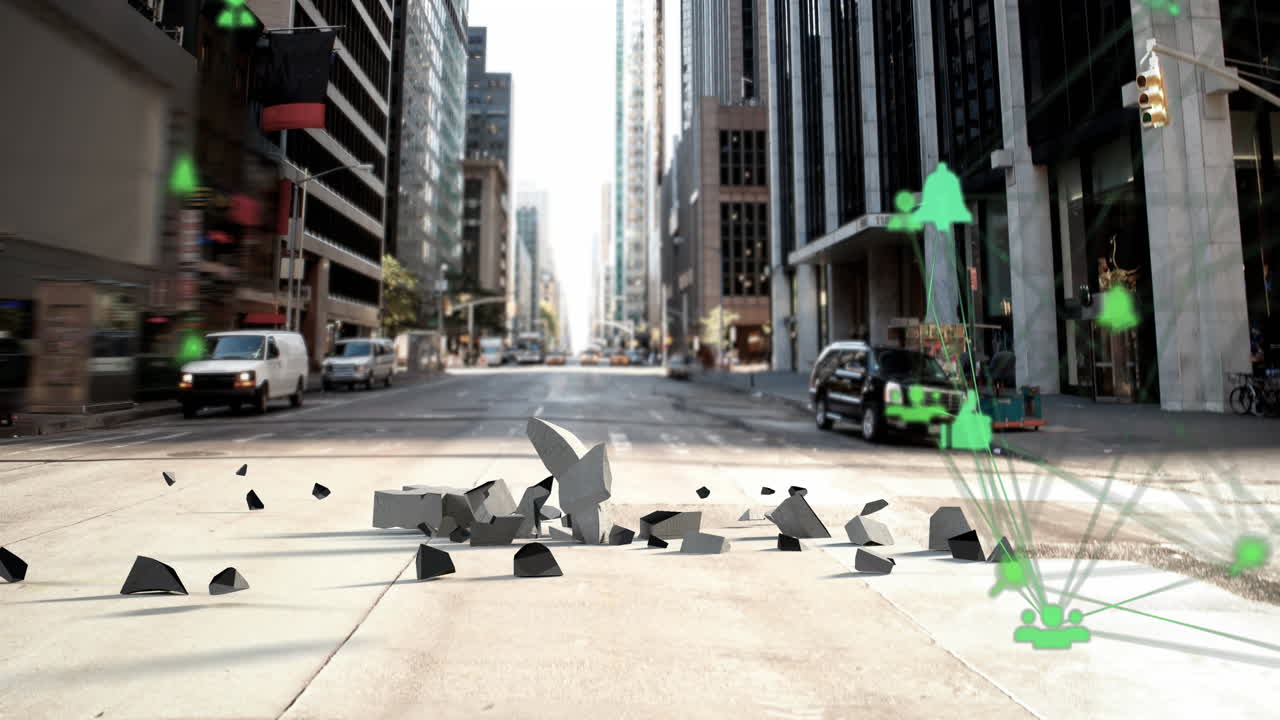 거리에 떨어지고 부러지는 유로 기호 위에 디지털 아이콘의 글로브의 애니메이션