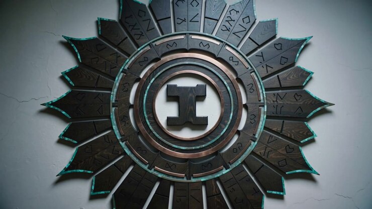 Pulling camera back revealing medallion on pale cracked wall to show I emblem and rings