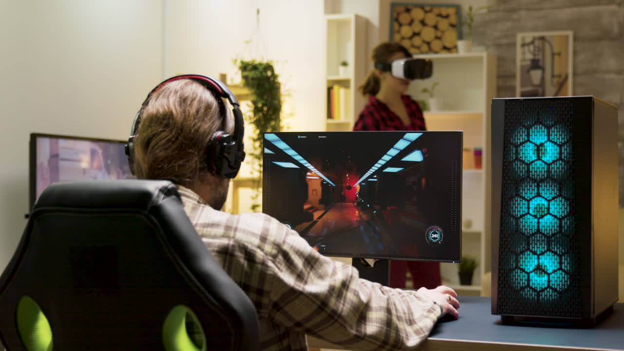 Gamer playing video game with VR headset