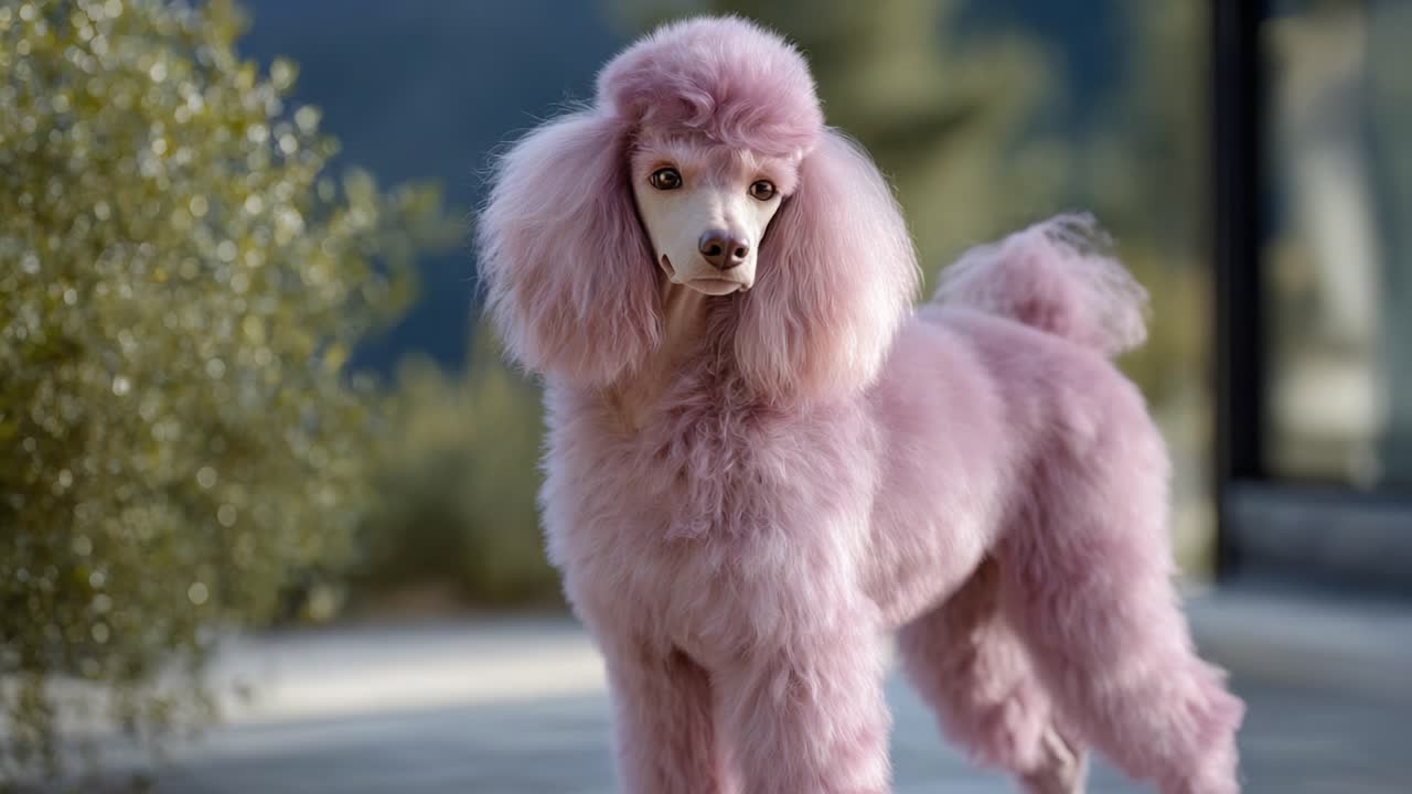 Adorabile barboncino rosa che mette in mostra il suo esclusivo manto soffice in un sereno ambiente esterno, circondato dal verde e da un'atmosfera tranquilla durante le ore diurne