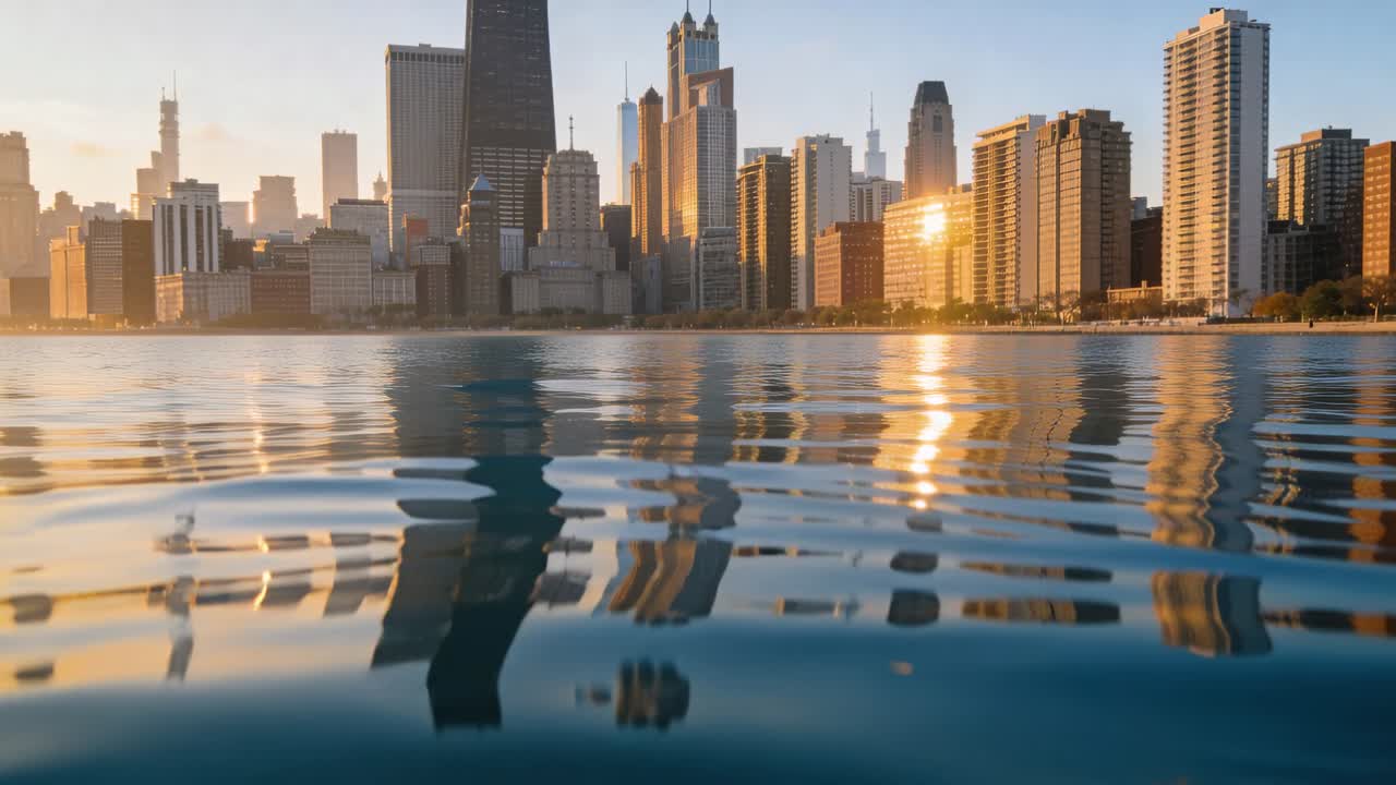 Rippling waterfront reflecting skyline and sun glare under light breeze, revealing dark reflection