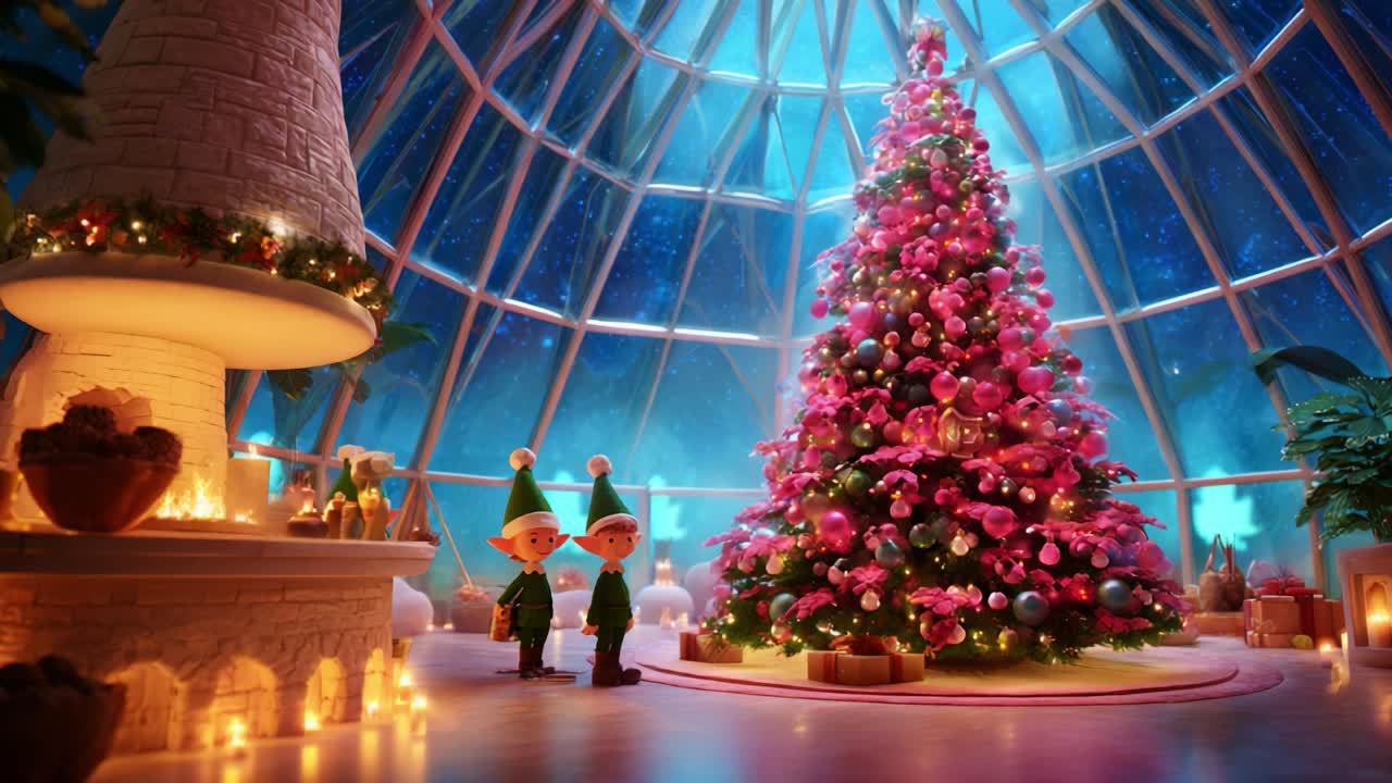 Whimsical Scene Featuring Two Cheerful Elves Celebrating Christmas Next to a Colorful Christmas Tree Surrounded by Sparkling Decorations and Festive Atmosphere in a Beautiful Glass House