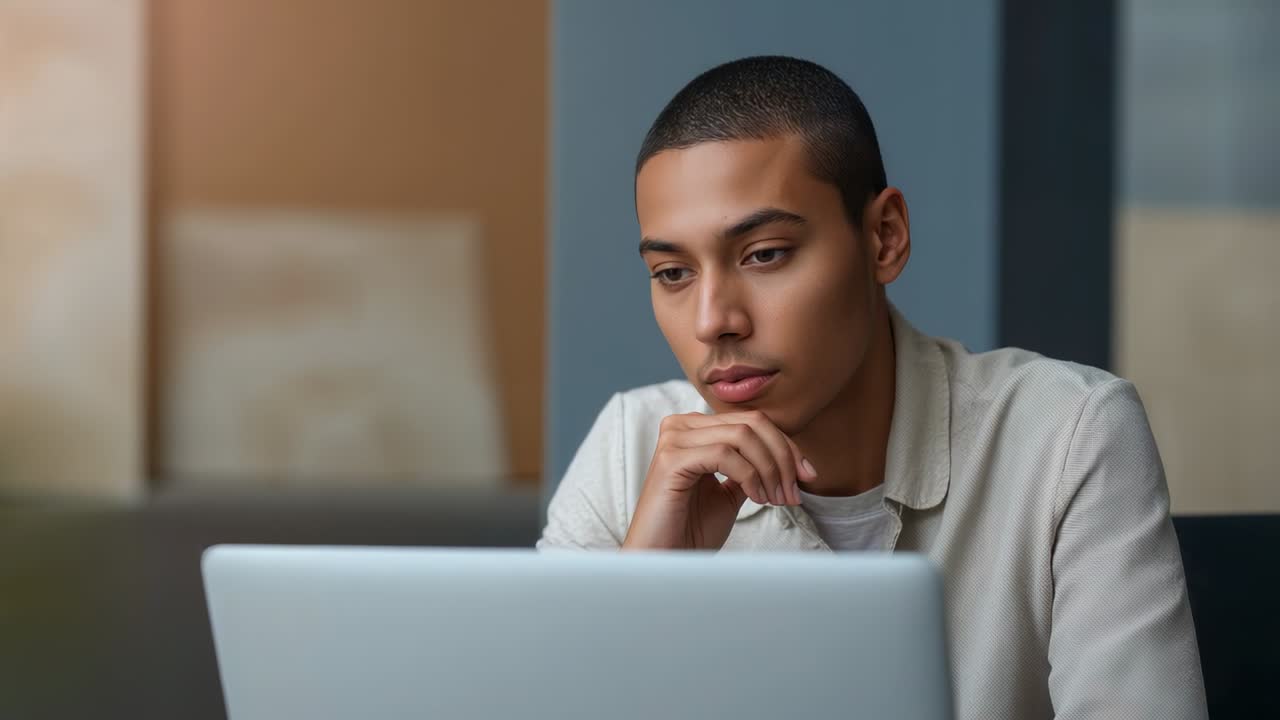 Noticing laptop glow, man in collared shirt holding chin with right hand, studying screen at desk