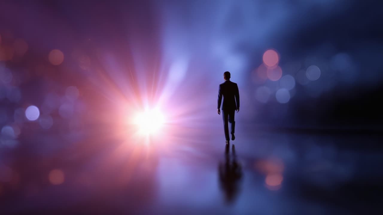 A solitary figure walks towards a vibrant light source, creating a captivating contrast against a colorful blurred background, evoking a sense of mystery and exploration