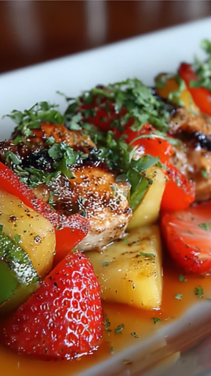 Un misto colorato di pollo alla griglia e frutta fresca condito con salsa alle erbe: una delizia culinaria che combina sapori salati e dolci, perfetta per ogni occasione.