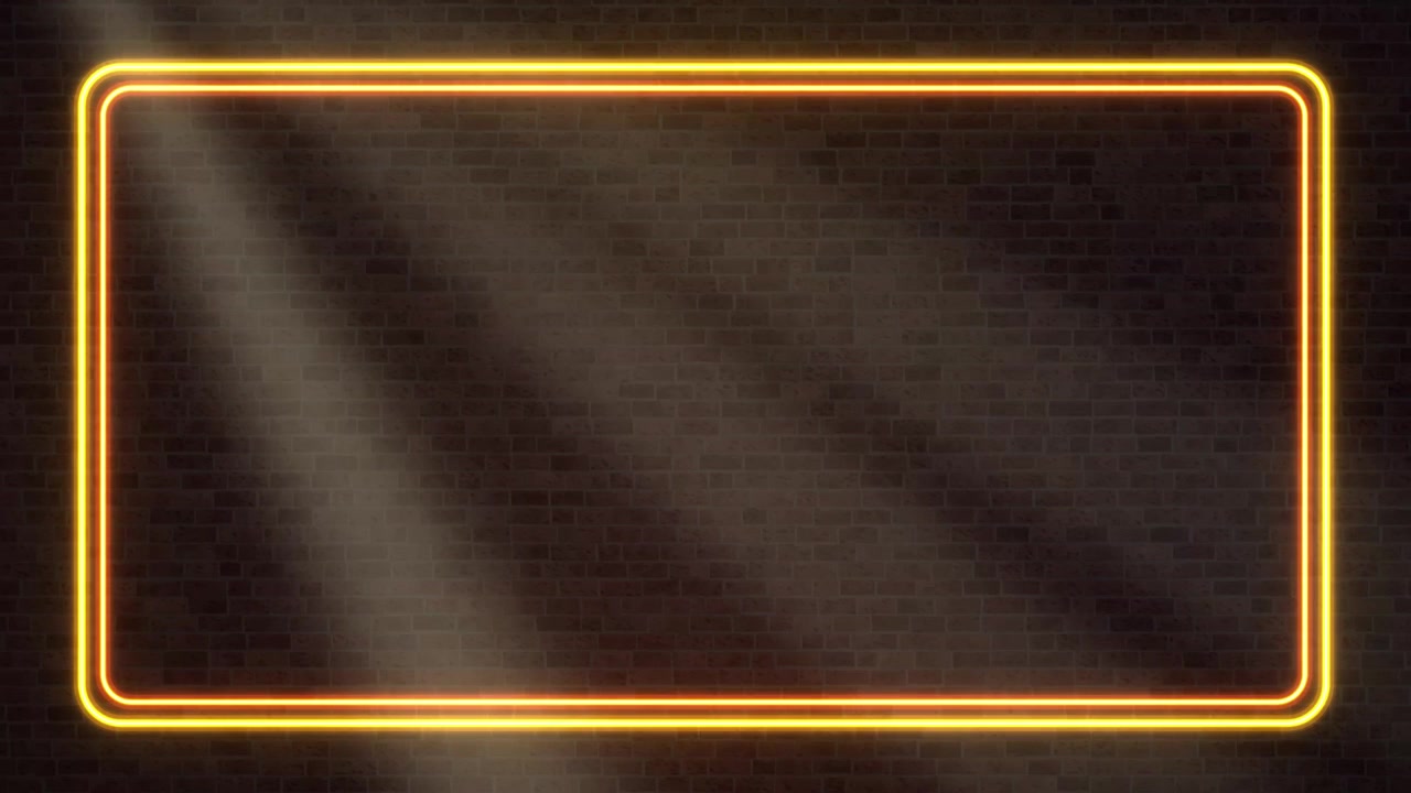 Animated orange neon rectangle pulses against dark brick wall with volumetric light rays and shadows.
