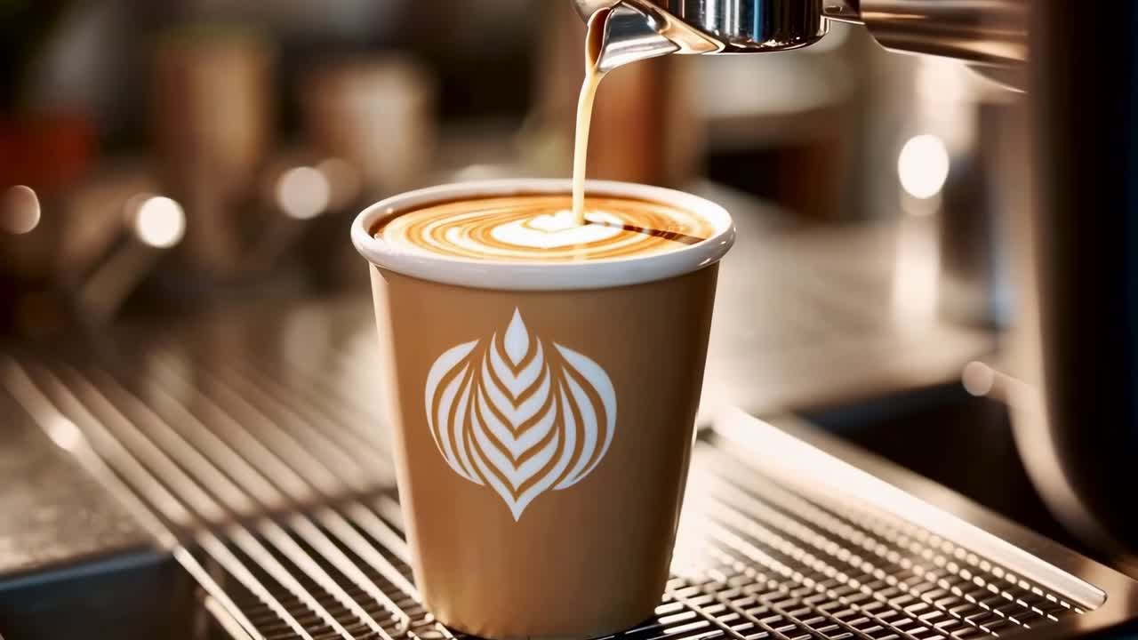 Primo piano di un video di un latte art in preparazione, che mostra un complesso latte art