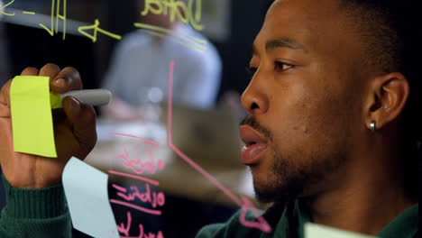 close-up of male executive working on glass wall in office 4k