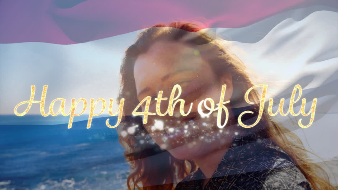 Happy 4th of July text animation over person by ocean with flag overlay