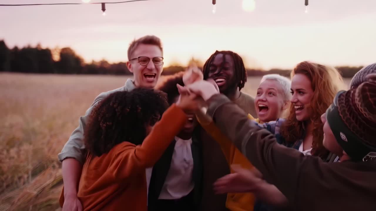 Glad, mangfoldig gruppe venner samles tæt ved solnedgang.