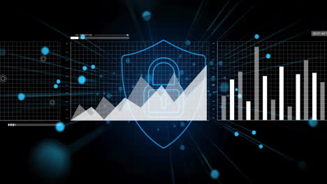 animation of data processing and diagrams over digital padlock