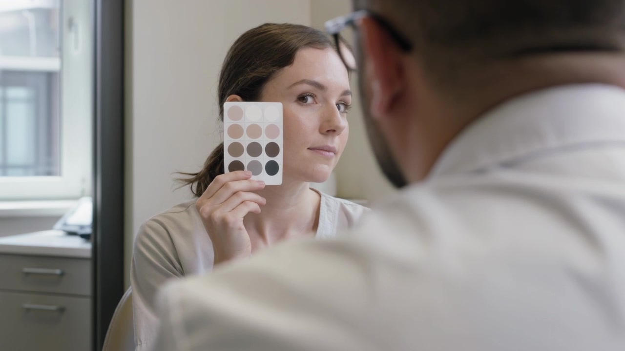 Raising woman in light blouse showing palette beside cheek in clinic while seeking feedback
