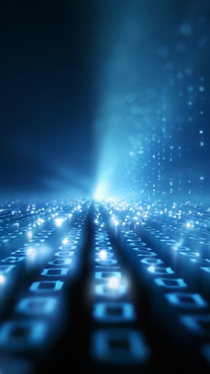 Futuristic Digital Landscape: An Immersive Journey Through Blue Light and Code Representing the Boundless Depth of Technology and Information Connectivity