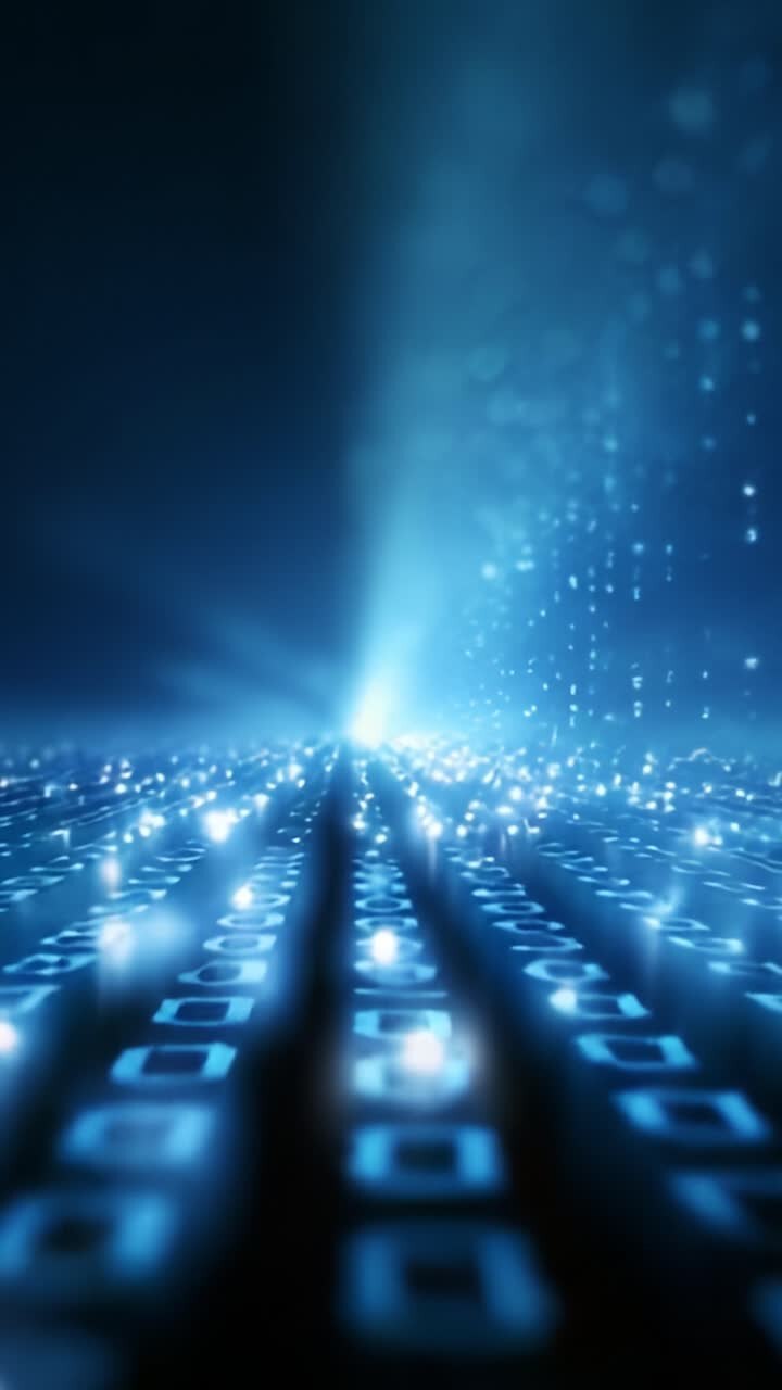 Futuristic Digital Landscape: An Immersive Journey Through Blue Light and Code Representing the Boundless Depth of Technology and Information Connectivity