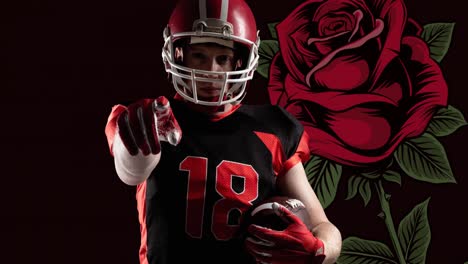 Animation-of-male-american-football-player-with-ball-pointing,-over-red-rose-on-black-background