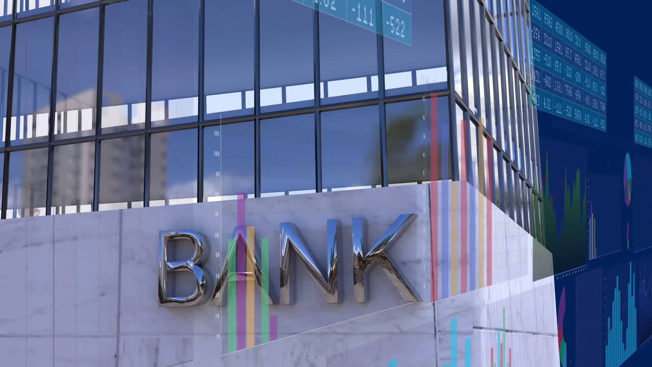 анимация нескольких графиков, числовых диаграмм и текста банка на современном здании