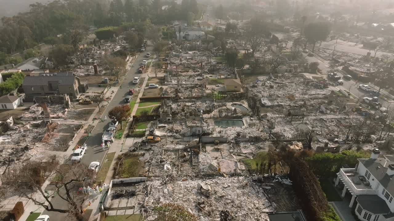 4K aerial of Pacific Palisades after the fire in January 2025, Los Angeles, California, USA.