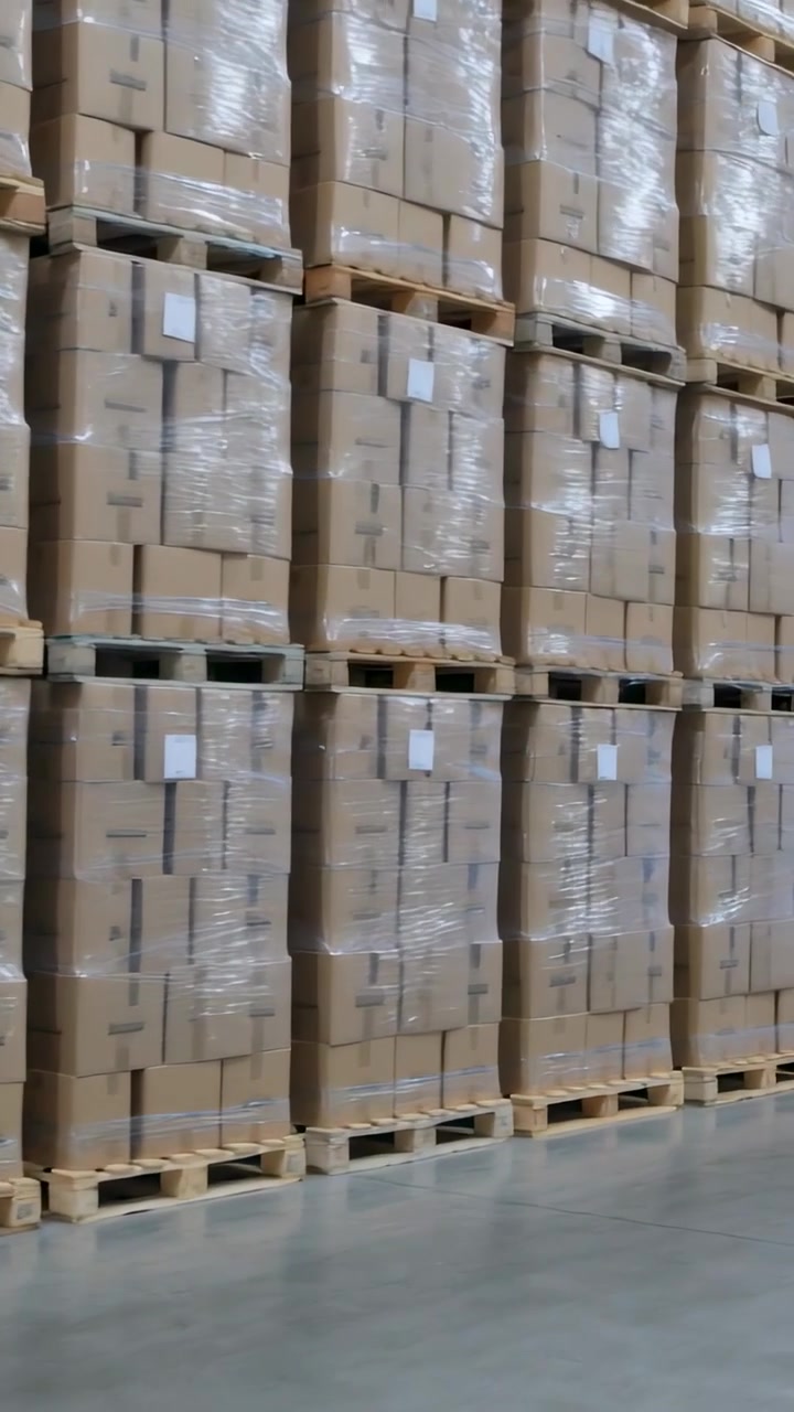 Vertical video: Recording person panning aisle in warehouse, documenting wrapped pallets and labels