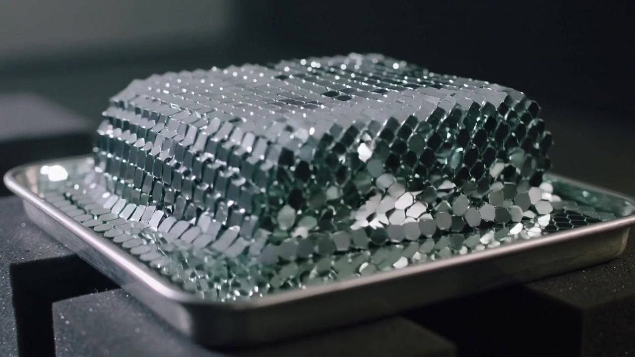 Hexagonal Mirror Tiles Collapsing on a Metal Tray