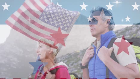 animation of american flag over senior caucasian couple hiking in mountains