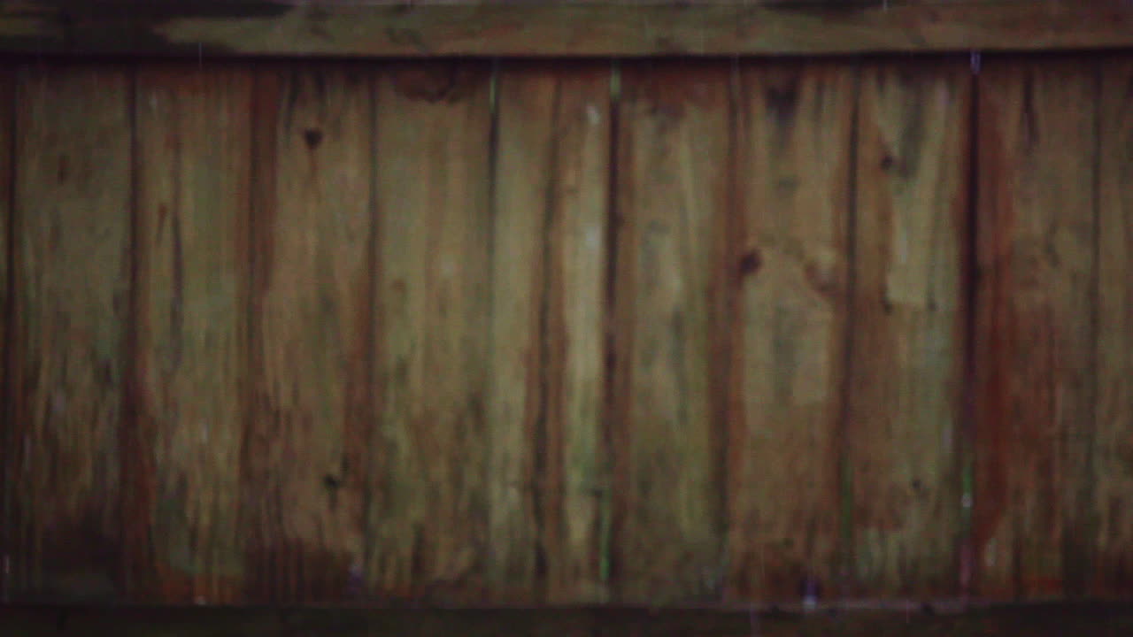 나무 울타리 앞에 떨어지는 꾸준한 비 - 슈퍼 슬로우 모션