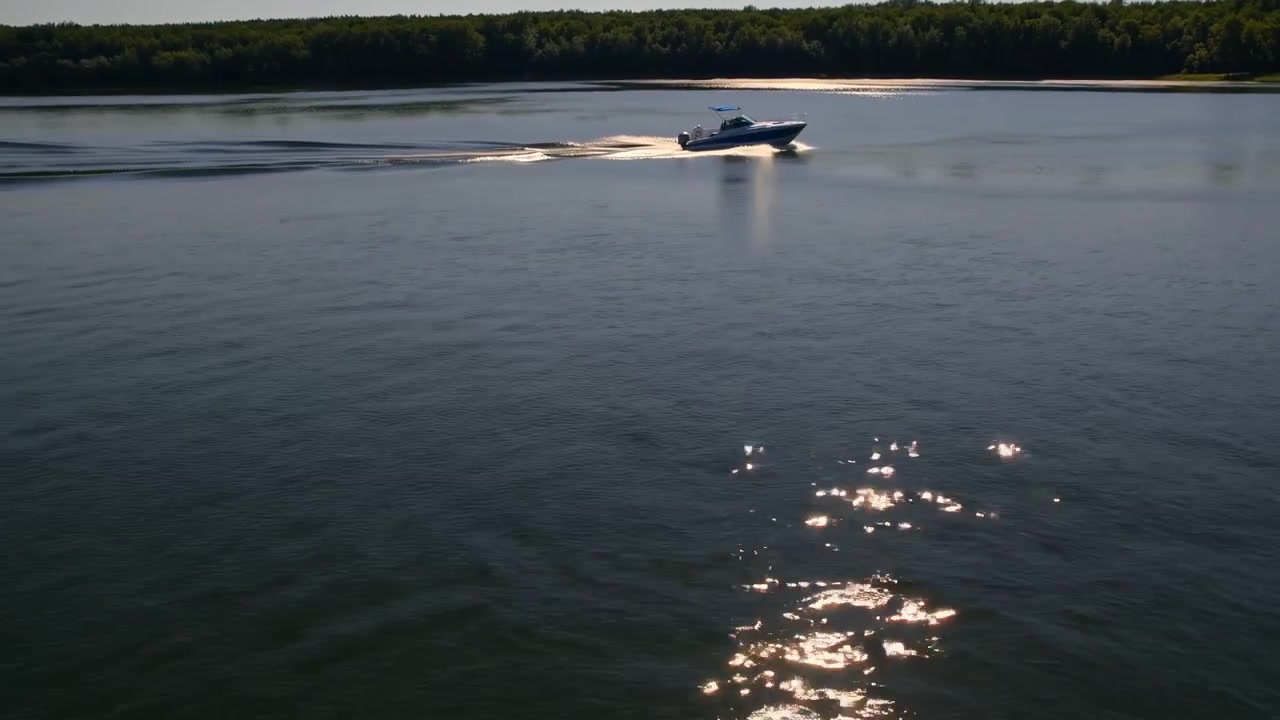 Motoscafo che naviga su un lago calmo con riva alberata