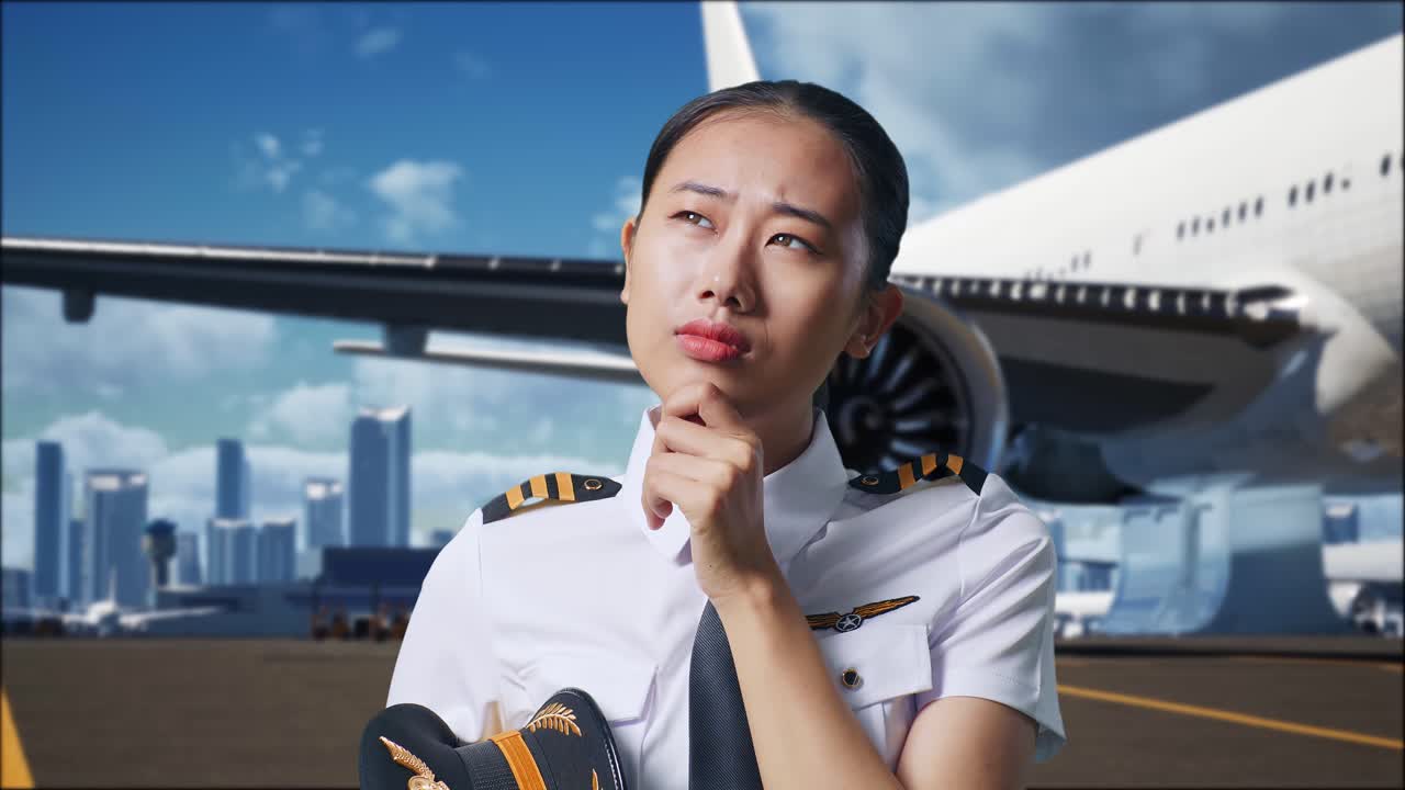 아시아 여성 조종사가 무언가에 대해 생각하고 배경에 비행기가있는 공항에 서있는 동안 주위를 둘러보고 있습니다.