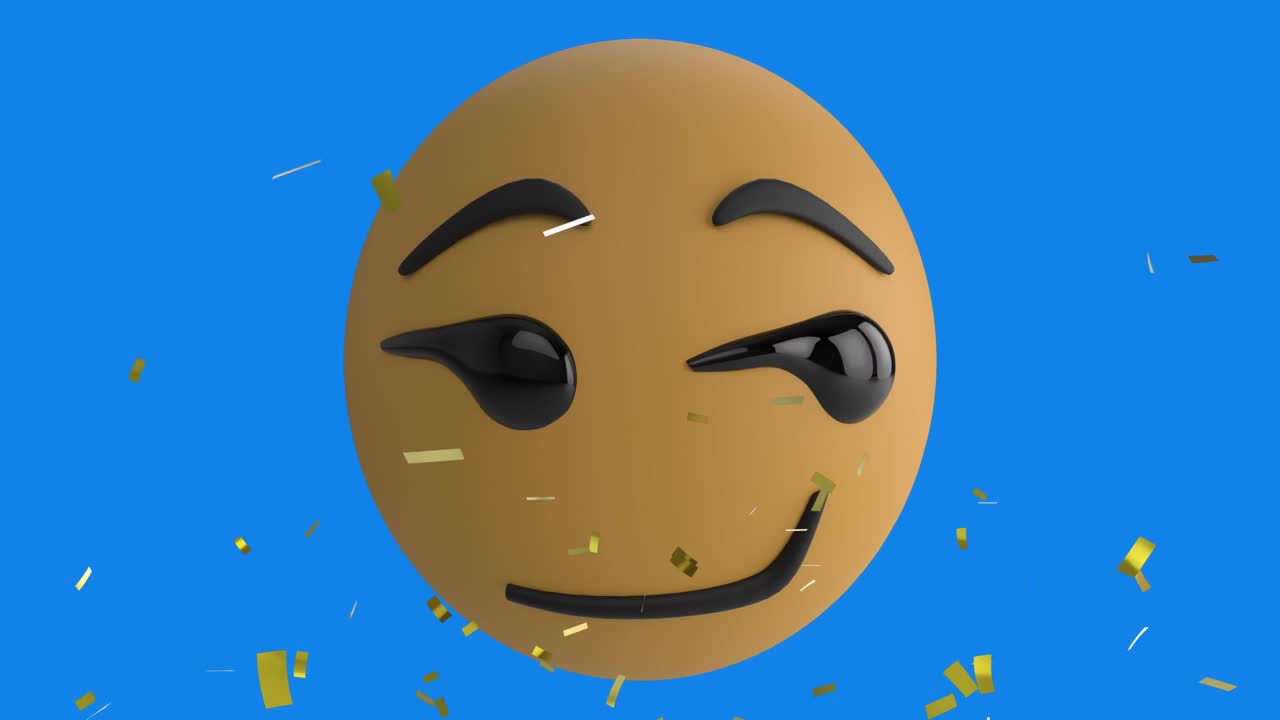 animación digital de confeti dorado cayendo sobre emoji de cara sonriente contra un fondo azul