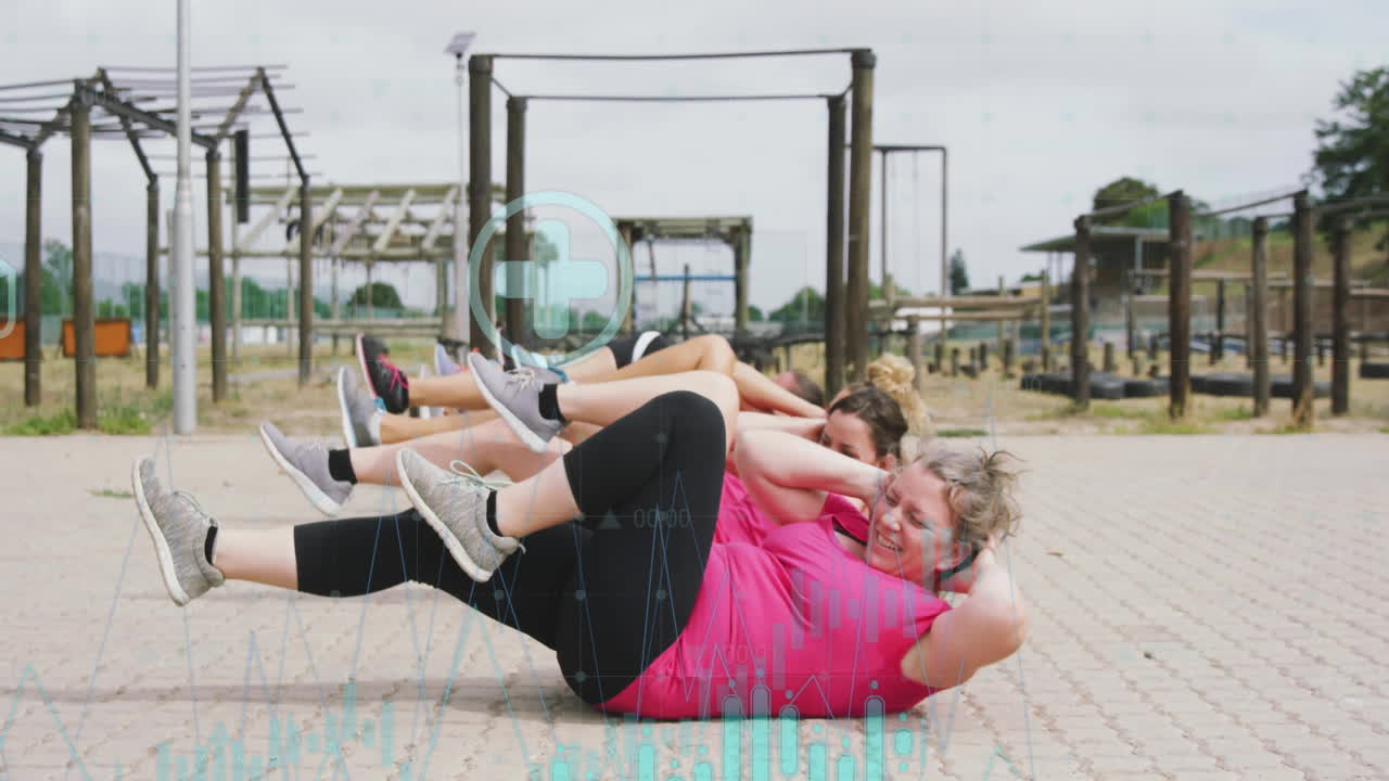 Exercising outdoors, women with digital health data overlay animation visible
