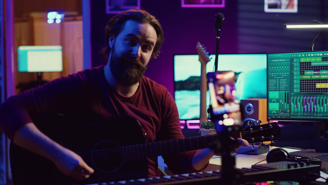 Musical producer doing online guitar lessons with smartphone vlog