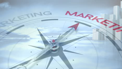 compass pointing towards marketing over cityscape animation