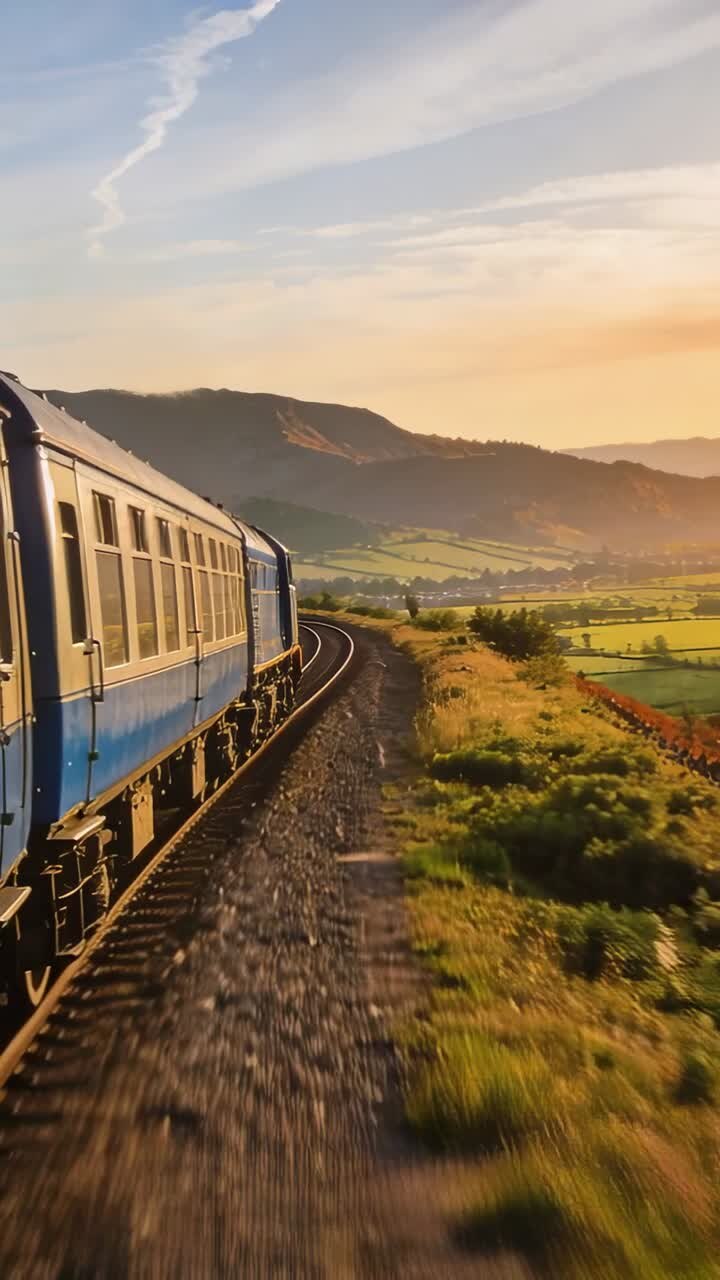 Blue train rounding hillside curve after signal clearance, revealing golden valley and rail tracks