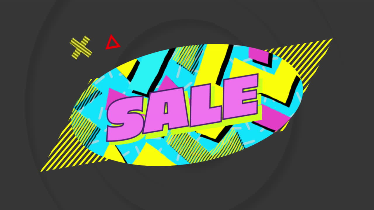 animación de texto de venta en burbuja de habla retro con formas abstractas