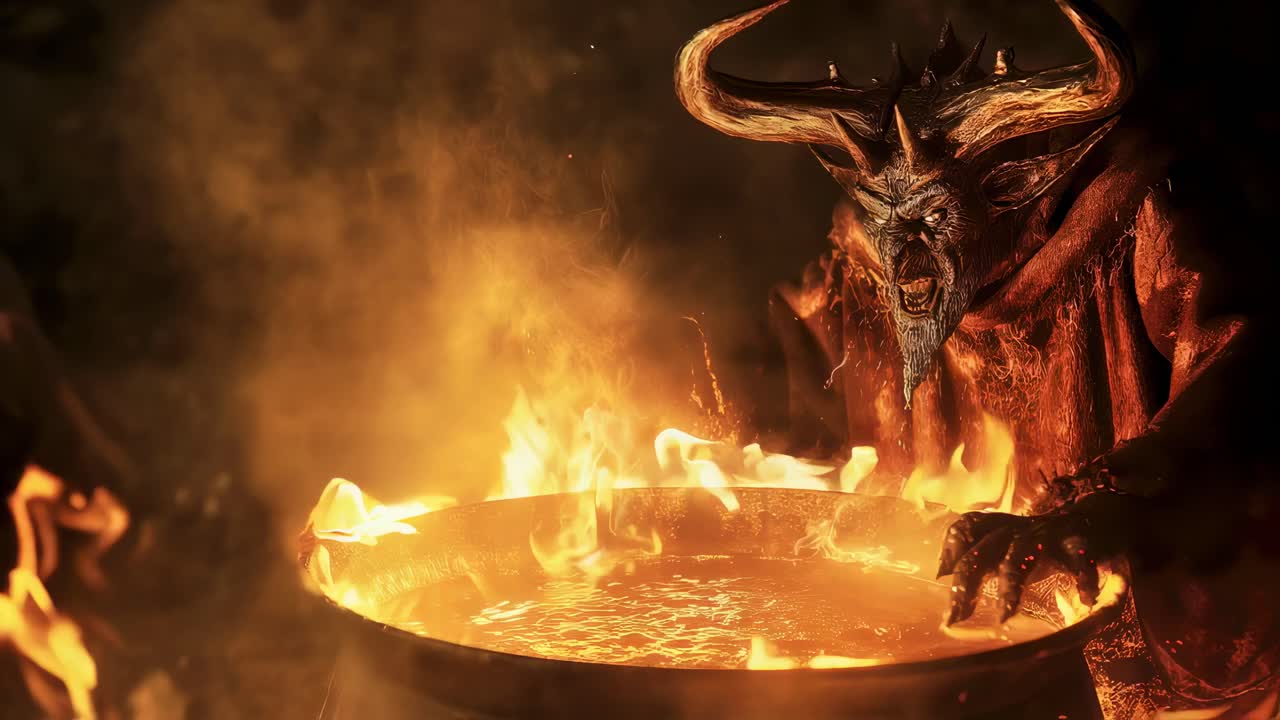 Sinister red demon wearing horned robe stirring mystical potion inside burning cauldron, unleashing dark supernatural forces within eerie gothic environment