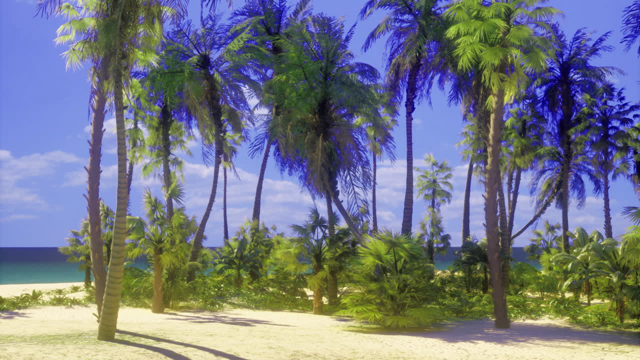 Lush tropical landscape with palm trees and clear blue sky near the coast
