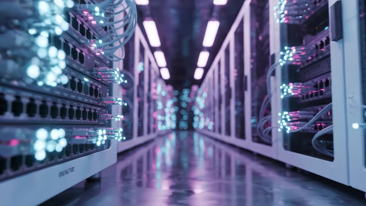 A Futuristic Data Center with Rows of High-Tech Servers Illuminated by Colorful LED Lights and Reflective Floors, Showcasing Advanced Technology Infrastructure