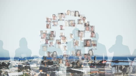 animation of globe with people's photographs over cityscape background