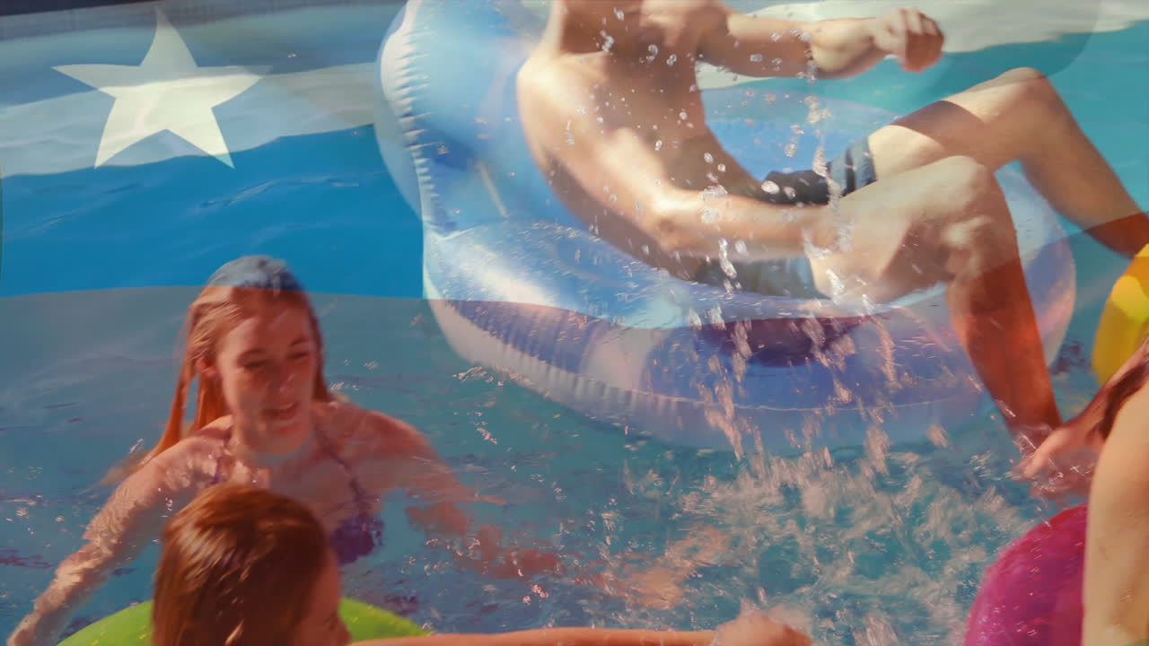 In pool, people playing with inflatable toys, featuring animation of flag design