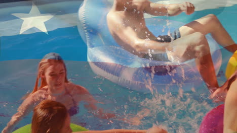 in pool, people playing with inflatable toys, featuring animation of flag design