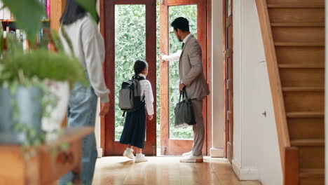 family, goodbye and parents with a girl leaving