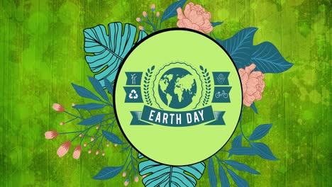 Animation-Von-Text-Und-Logo-Zum-Ökologietag-Der-Erde-über-Blumen-Auf-Grünem-Hintergrund
