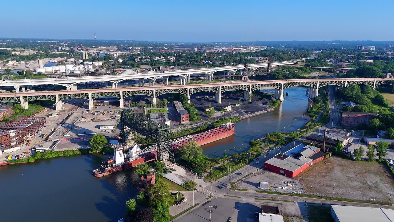 Freighter navigating Cuyahoga River approaching Collision Bend in Cleveland, Ohio, Scranton Flats neighborhood