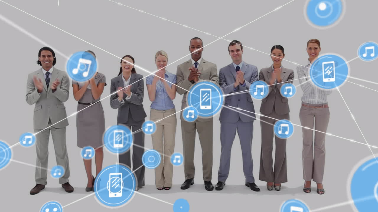 Animation of network of digital icons against portrait of diverse businesspeople clapping together